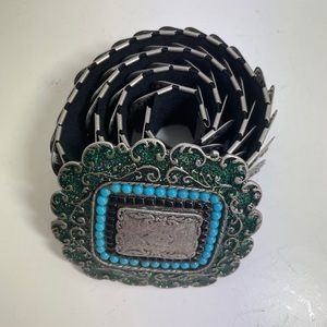 Vintage Rocker Biker Metal Accented Belt Stretch Hook Enamel Buckle W Blue Beads